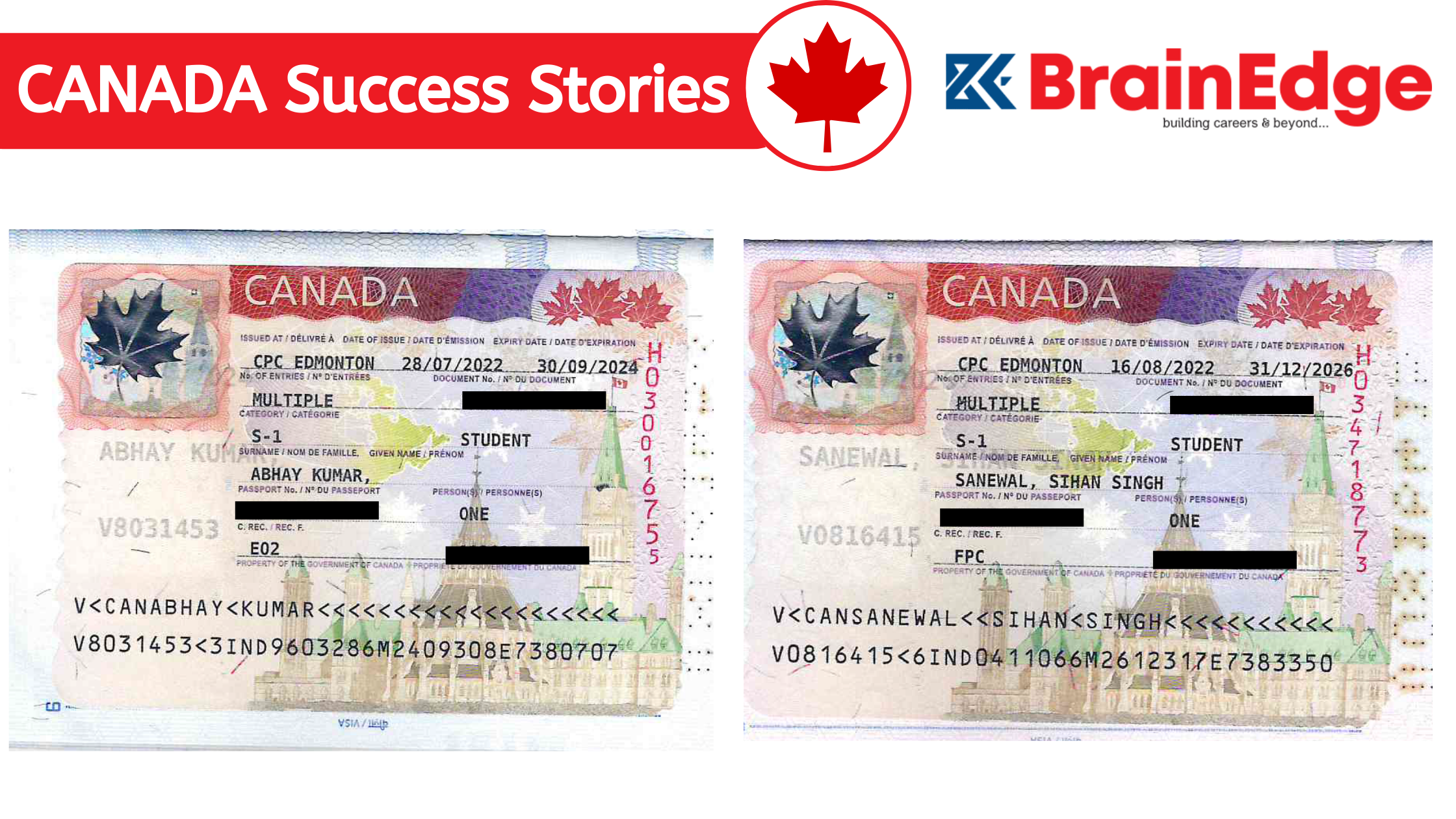 This image showcases the Canada success stories of BrainEdge with visa stamps as evidence, depicting the achievements and journey of our students.